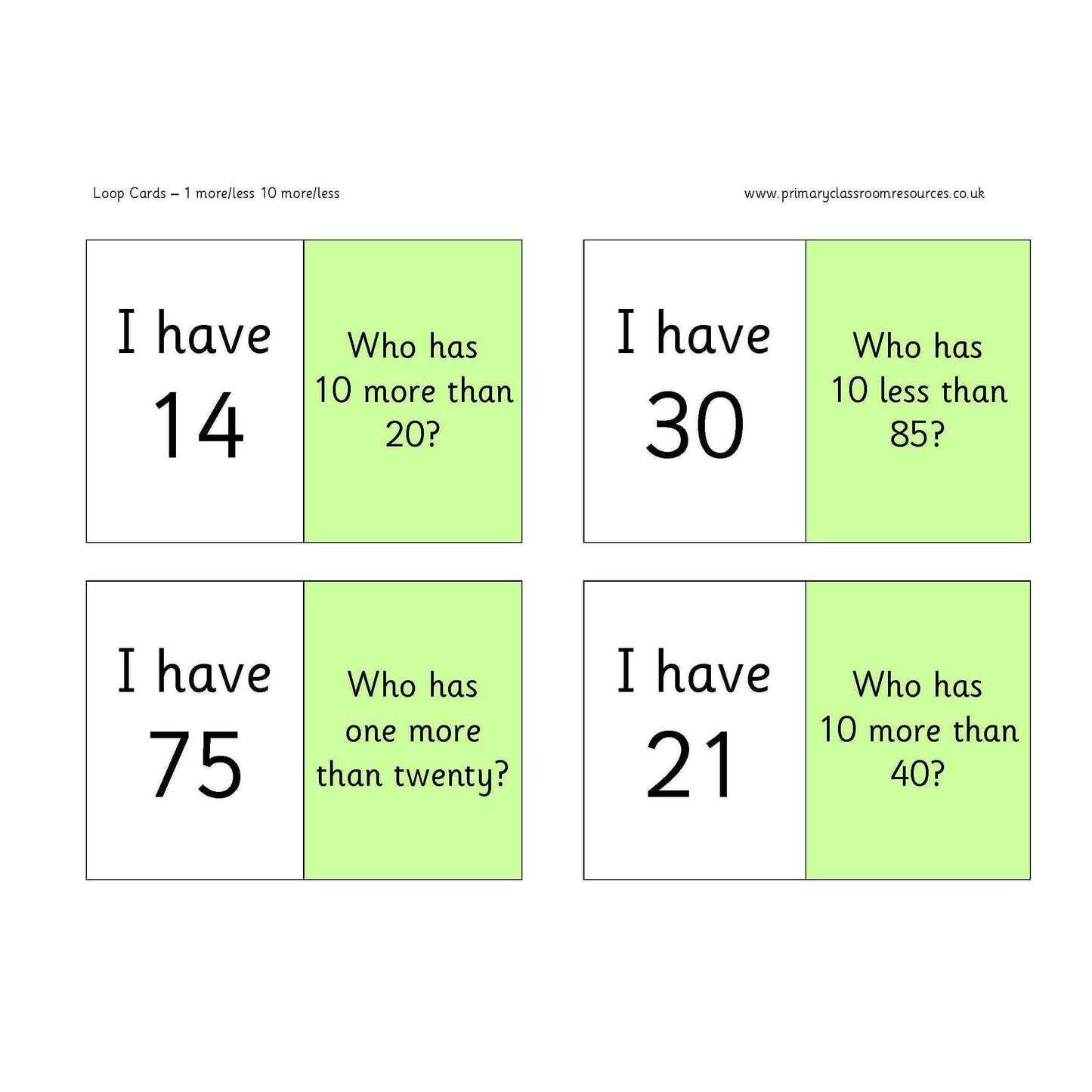 1/10 More and Less Loop Cards:Primary Classroom Resources