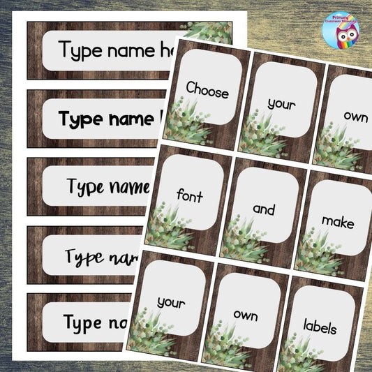 EDITABLE Name Tray & Coat Peg Labels - Dark Wood & Eucalyptus:Primary Classroom Resources