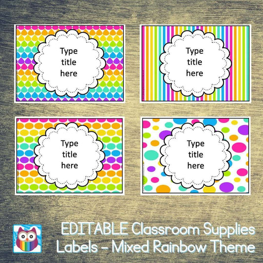 EDITABLE Classroom Supplies Labels - Mixed Rainbow Theme:Primary Classroom Resources
