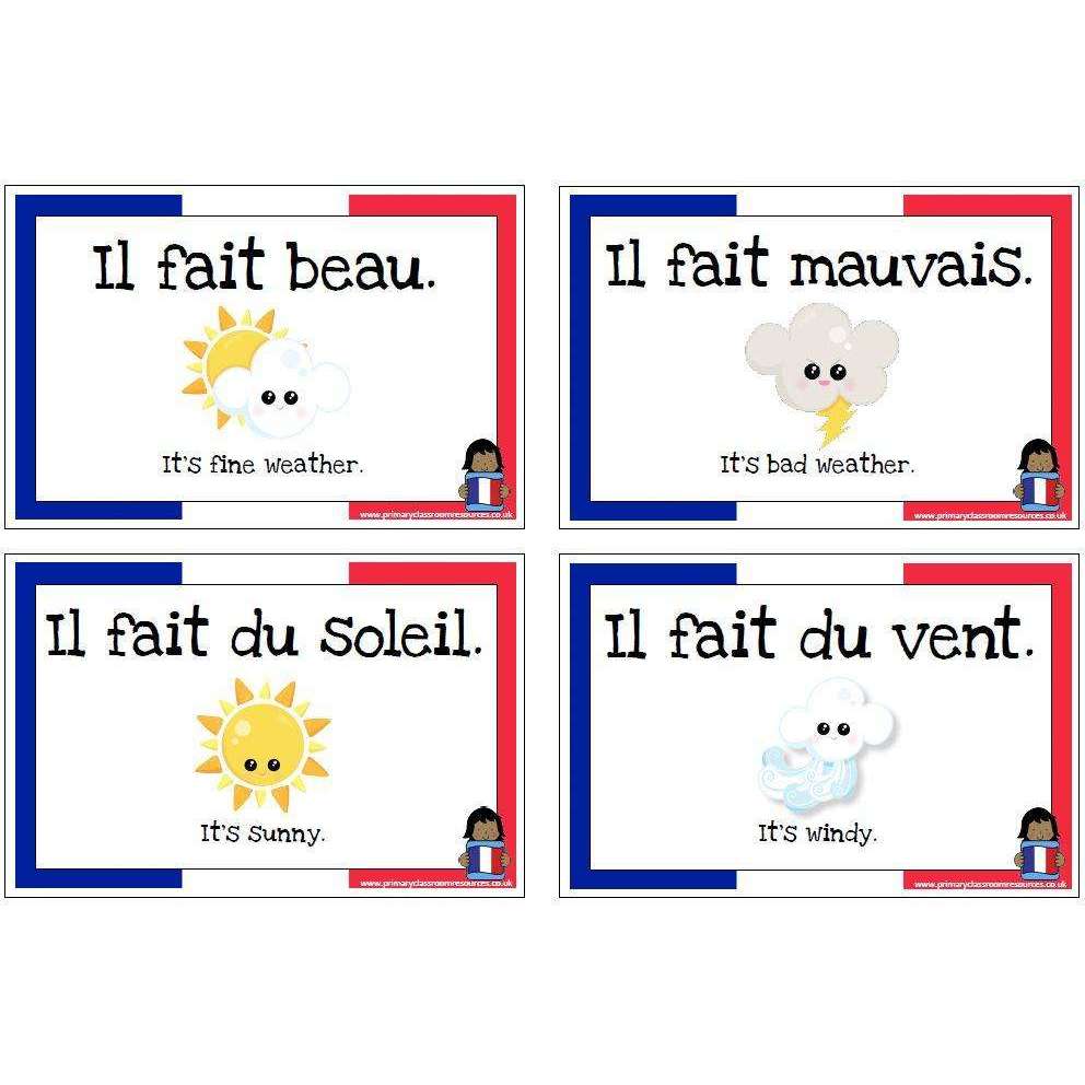 French Vocabulary Cards - Days of the Week, Weather and Transport:Primary Classroom Resources