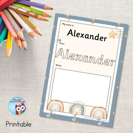 EDITABLE Name Writing Cards - Neutral Rainbows:Primary Classroom Resources