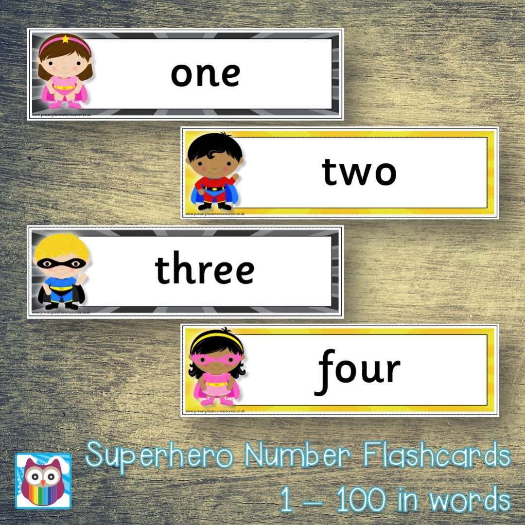 Number Flashcards 1-100 in words - Superhero Theme:Primary Classroom Resources