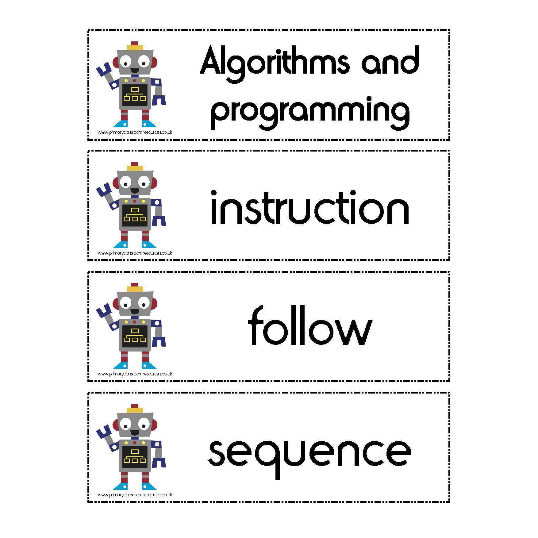 Computing Year 1 Vocabulary - Algorithms and programming:Primary Classroom Resources