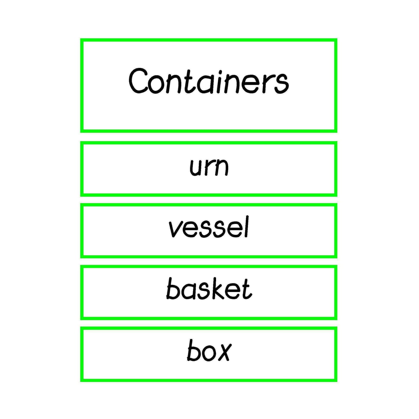 Containers Vocabulary:Primary Classroom Resources
