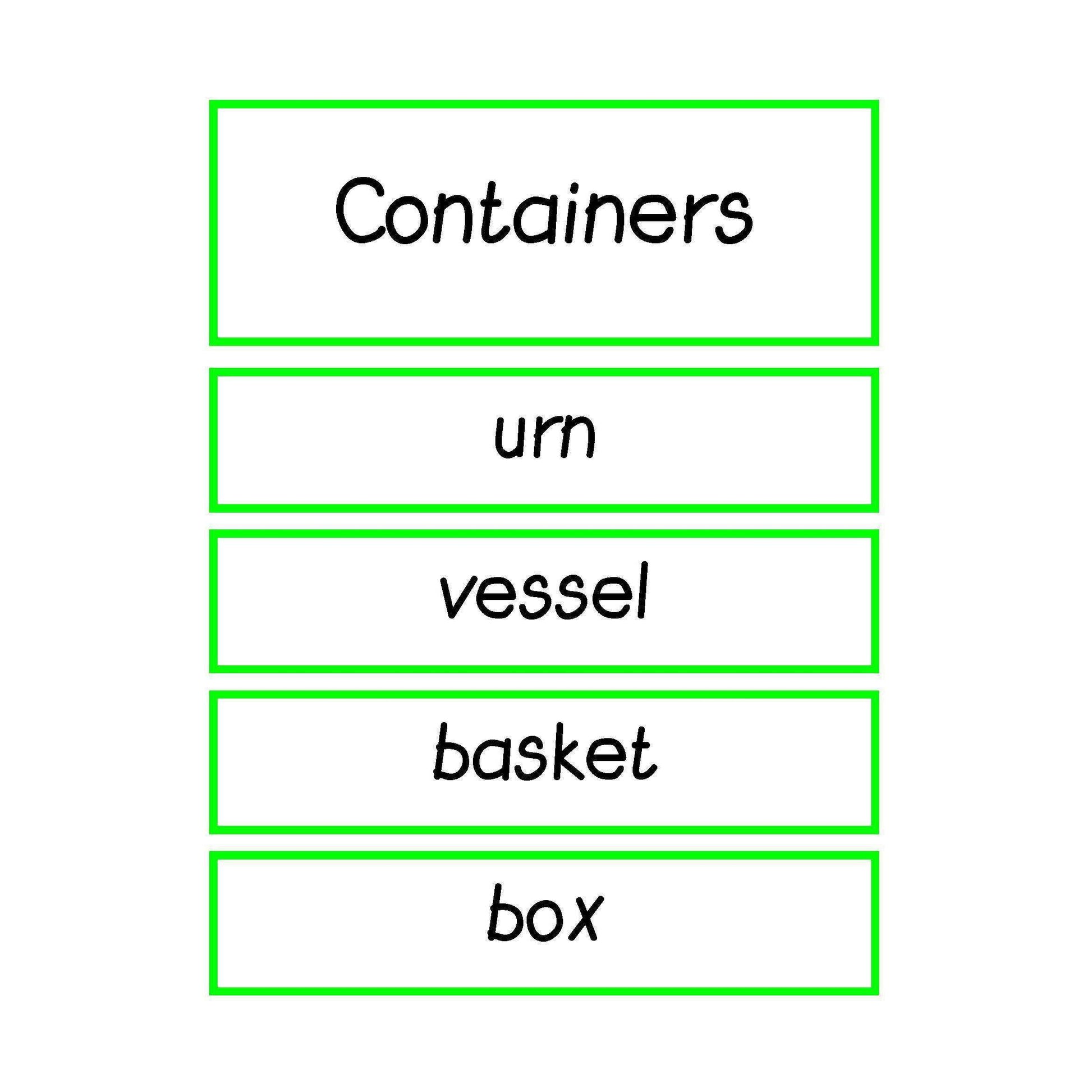 Containers Vocabulary:Primary Classroom Resources