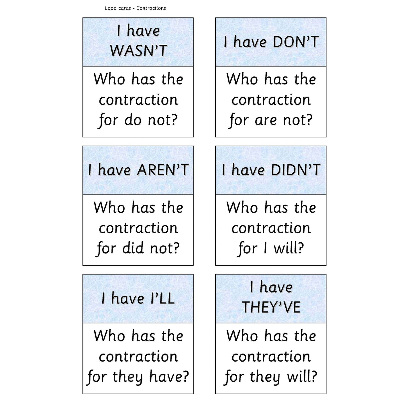 Contractions Loop Cards:Primary Classroom Resources