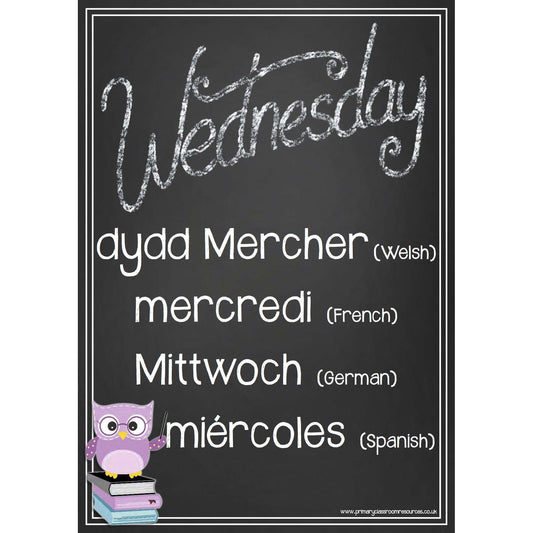 Days of the Week Owl Blackboards -  Welsh, French, German, Spanish:Primary Classroom Resources