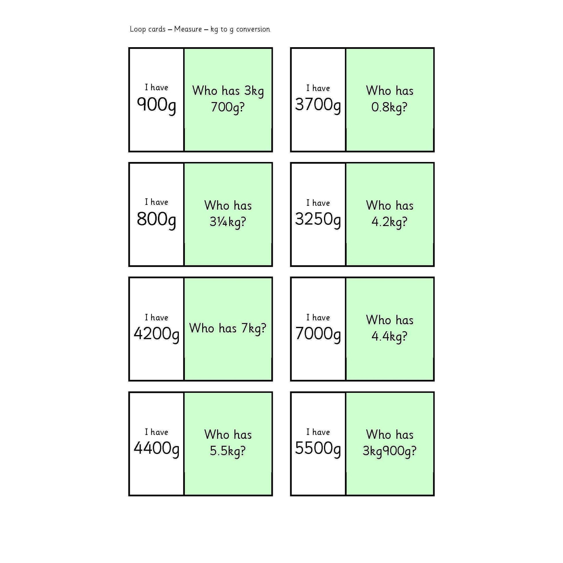 Kg to g Conversion Loop Cards:Primary Classroom Resources