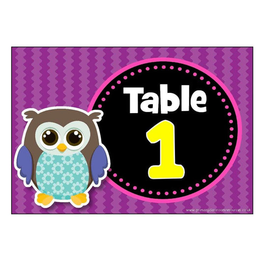 Numbered Table Signs - Owl Theme:Primary Classroom Resources
