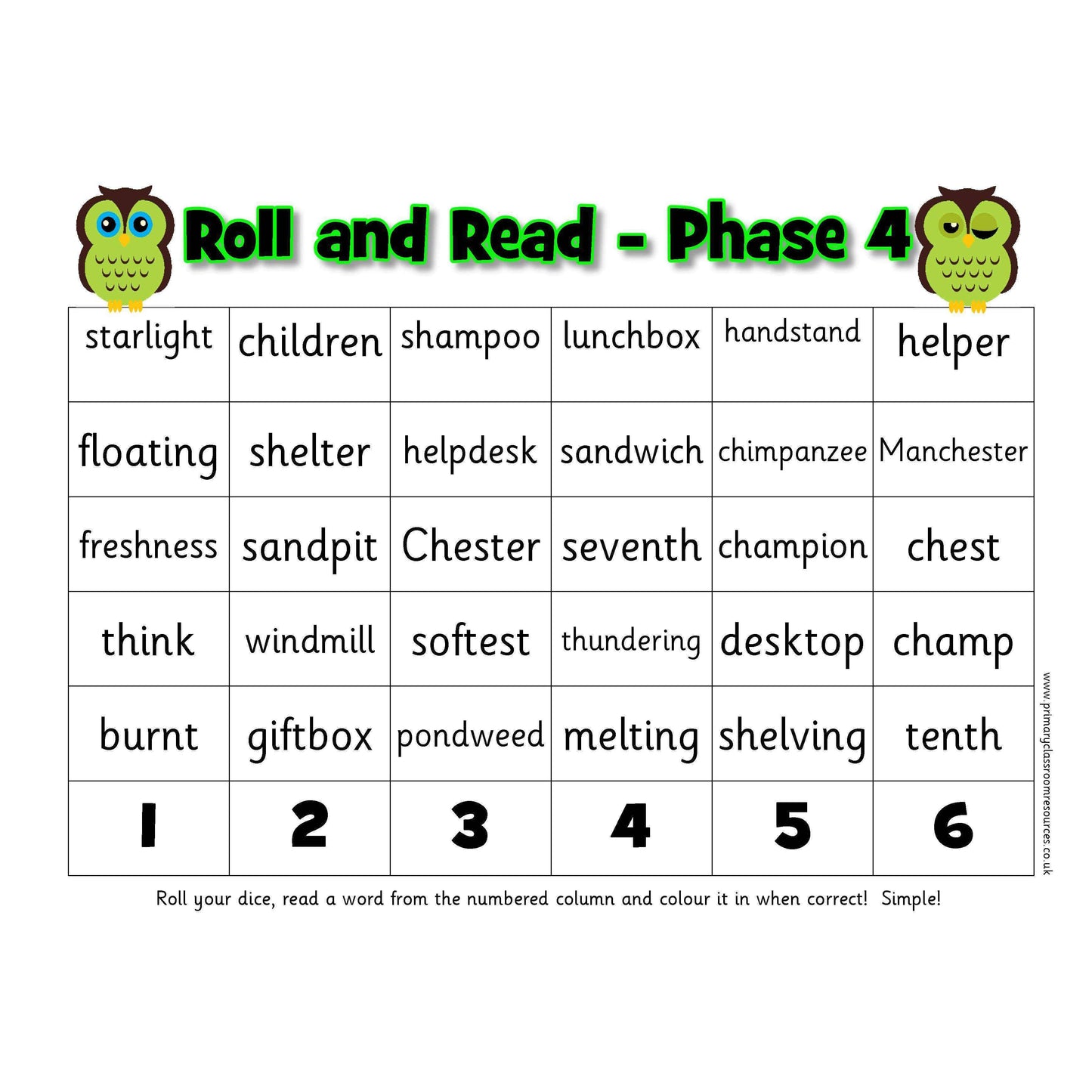 Roll and Read - Letters and Sounds Phase 4 Words:Primary Classroom Resources
