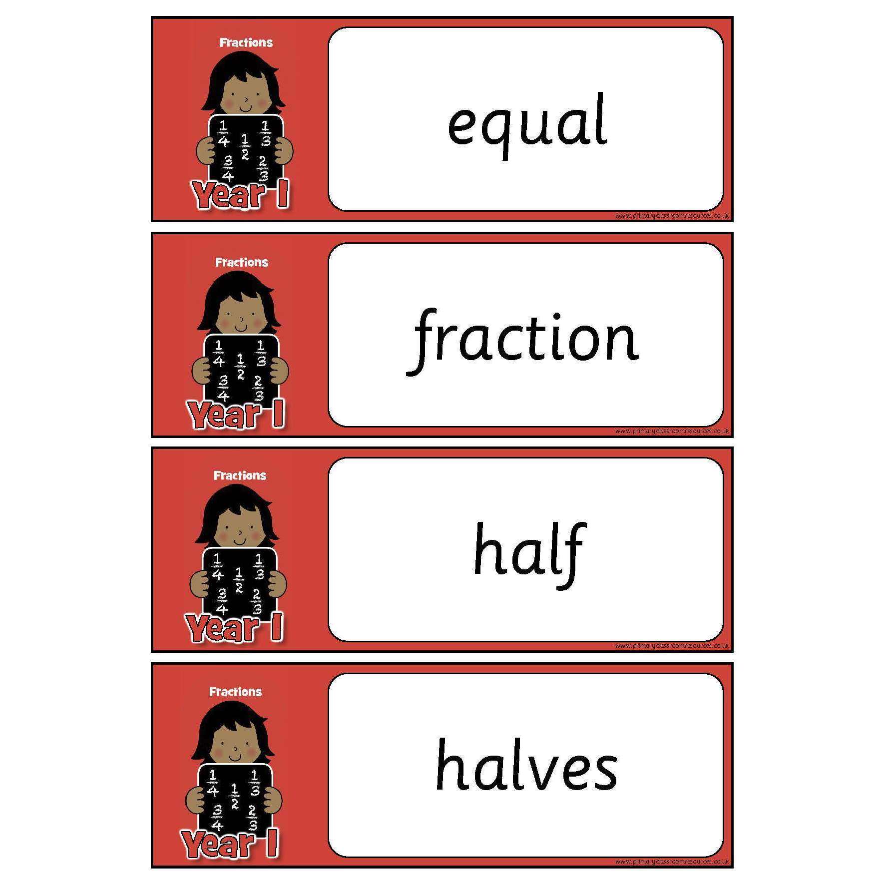 Year 1 Maths Vocabulary - Fractions:Primary Classroom Resources