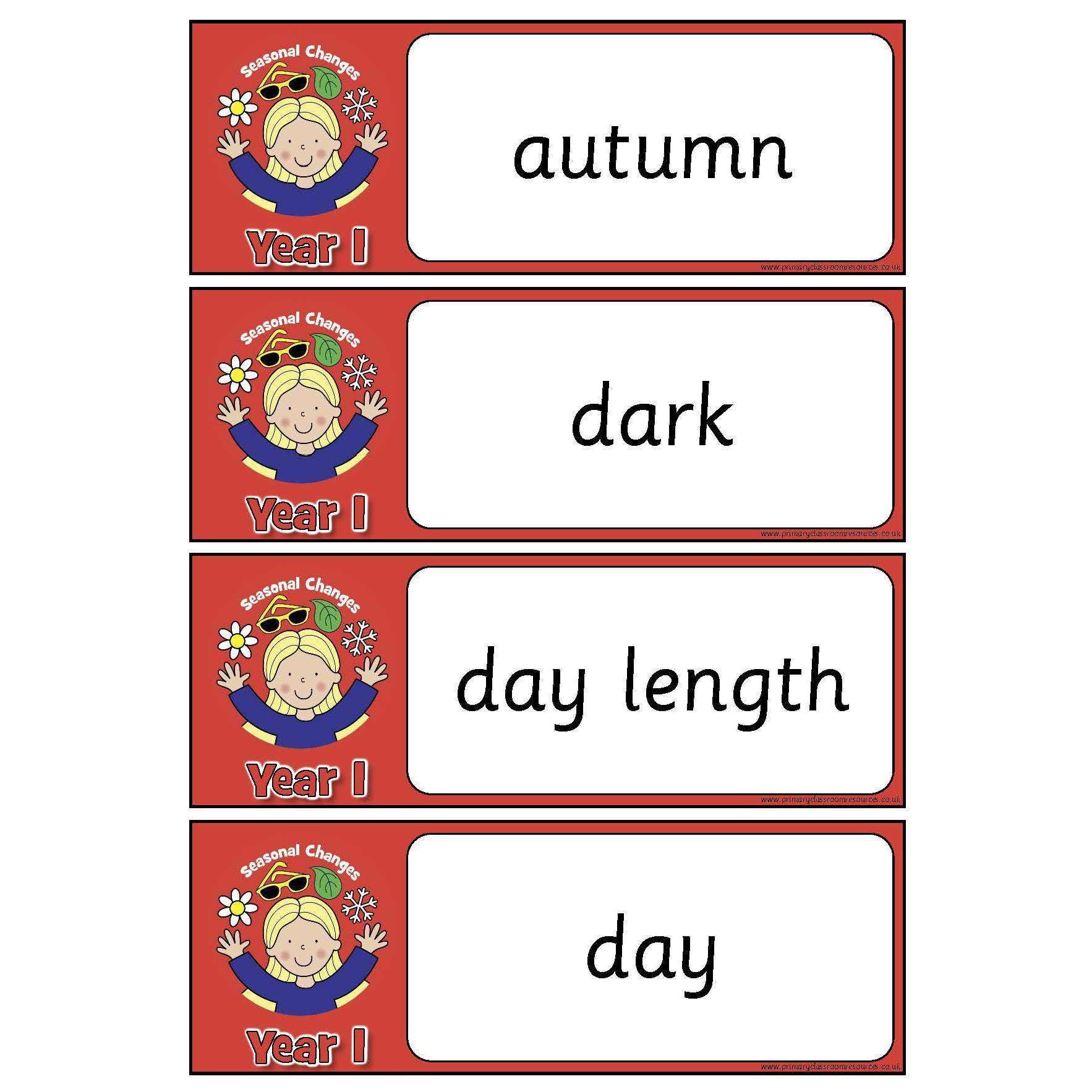 Year 1 Science Vocabulary - Seasonal Changes:Primary Classroom Resources