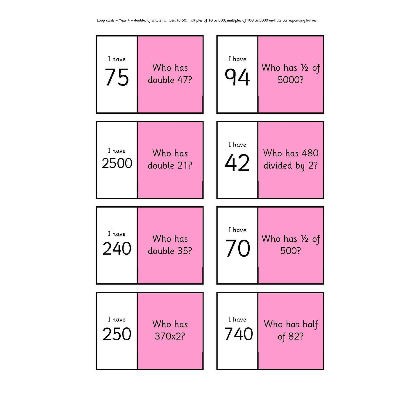 Year 4 Loop Cards:Primary Classroom Resources