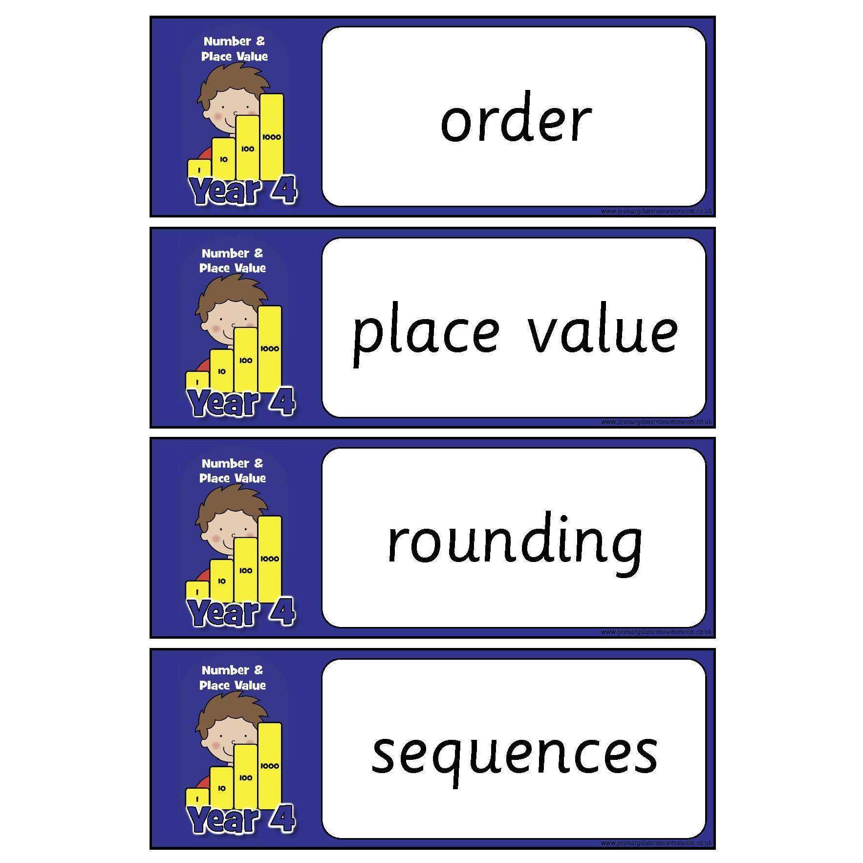 Year 4 Maths Vocabulary - Number and Place Value:Primary Classroom Resources