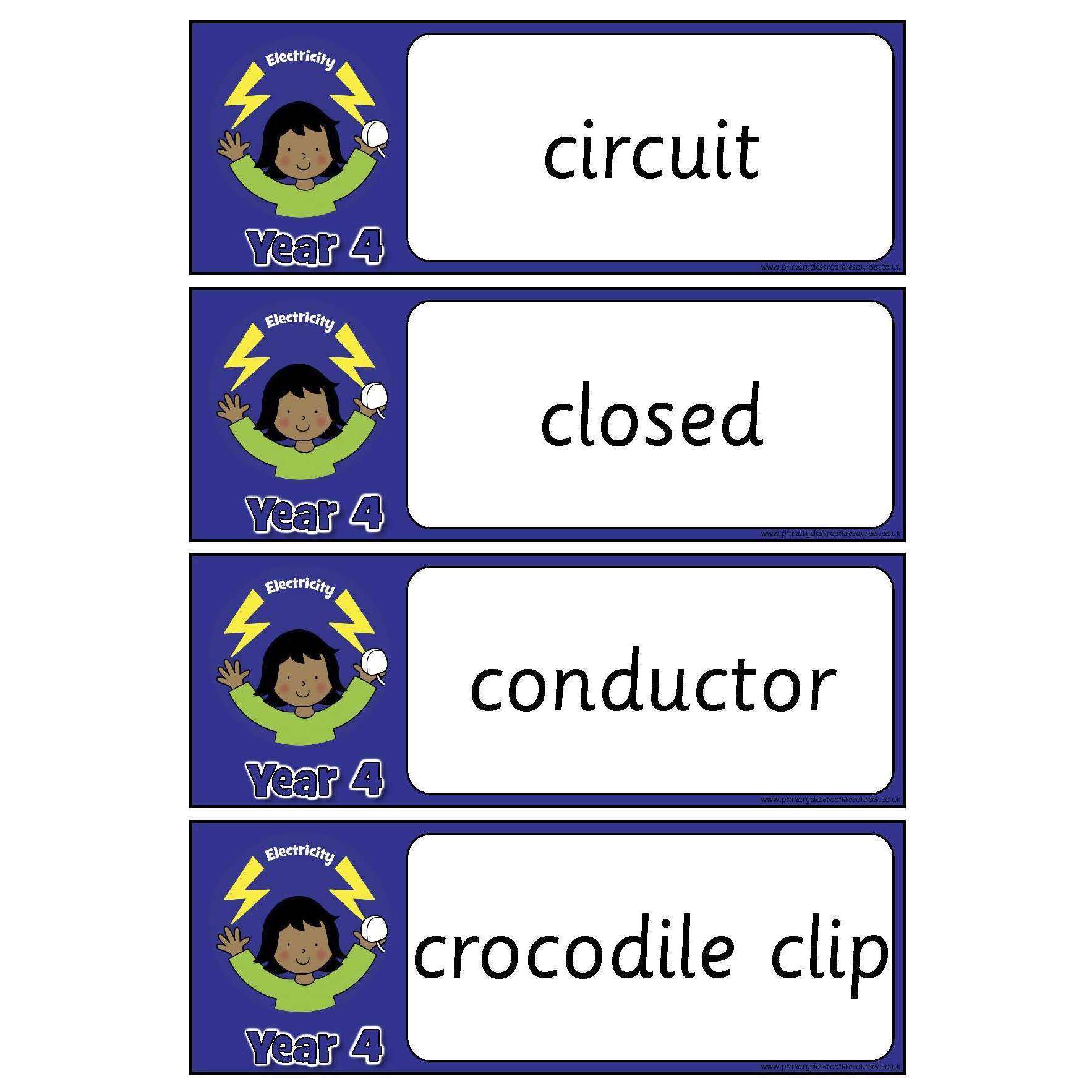 Year 4 Science Vocabulary - Electricity:Primary Classroom Resources