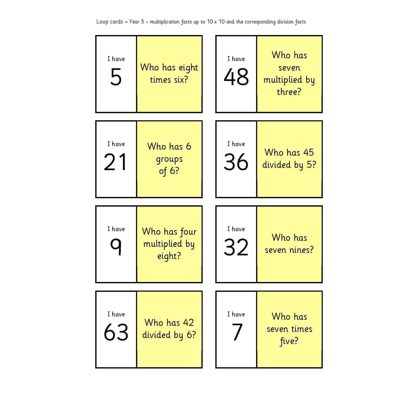 Year 5 Loop Cards:Primary Classroom Resources