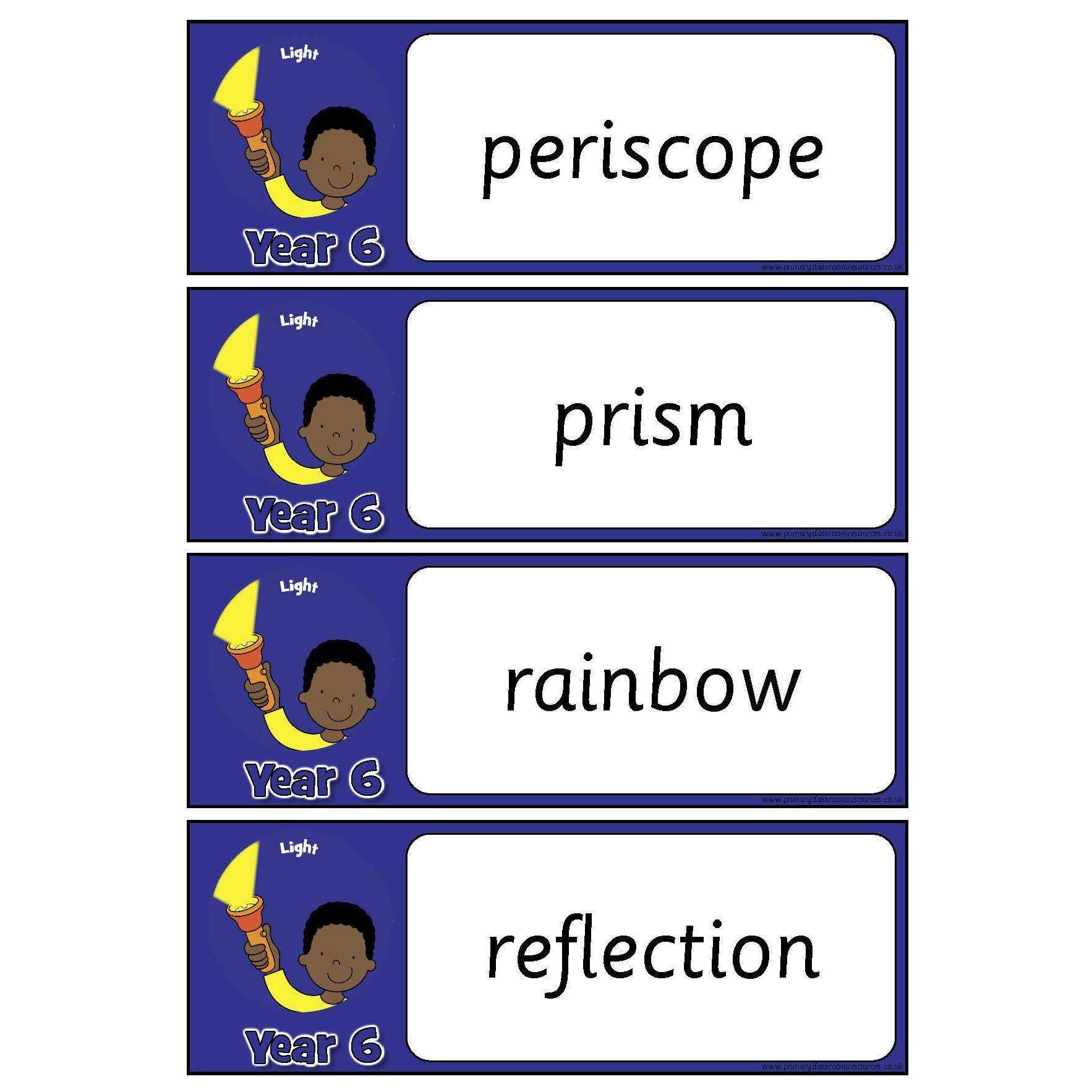 Year 6 Science Vocabulary - Light:Primary Classroom Resources