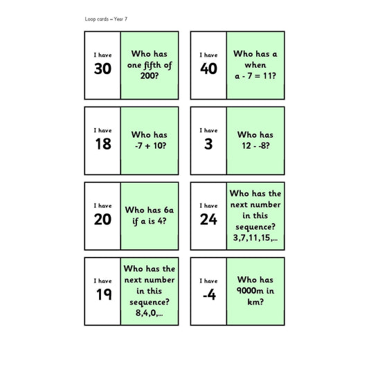 Year 7 Loop Cards:Primary Classroom Resources