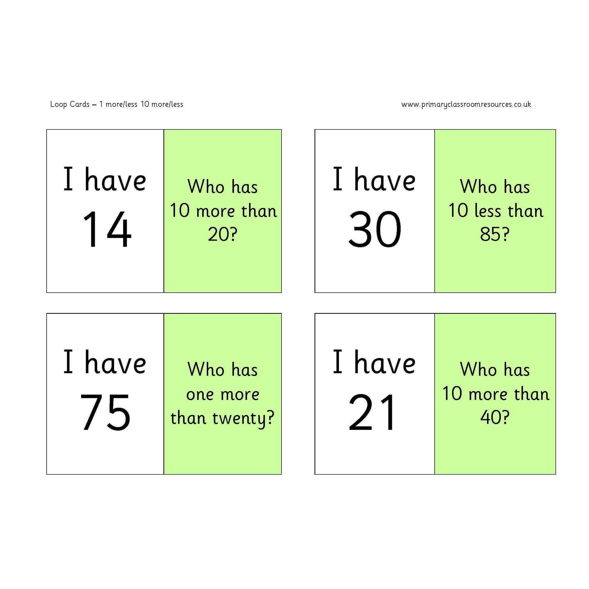 1/10 More and Less Loop Cards:Primary Classroom Resources