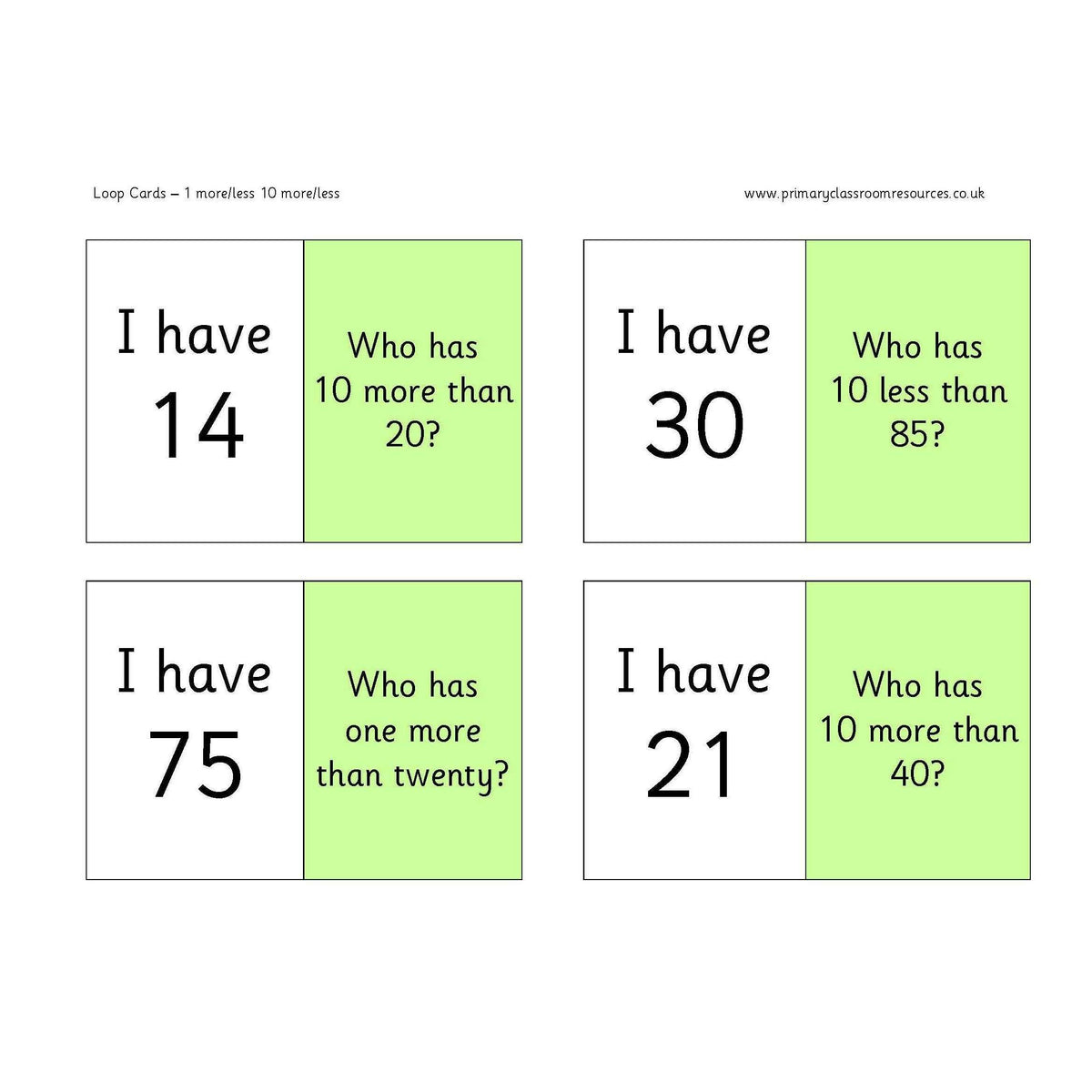 1/10 More and Less Maths Loop Cards – Primary Classroom Resources