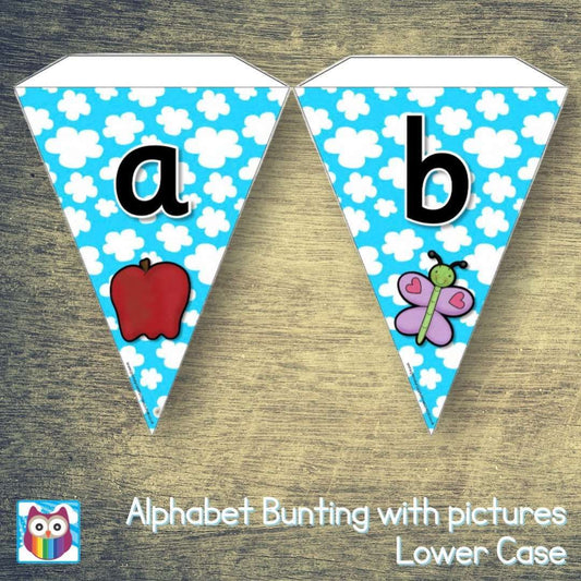 Alphabet Bunting with pictures - Lower Case Letters:Primary Classroom Resources