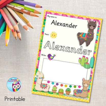 EDITABLE Name Writing Cards - Colourful Llamas:Primary Classroom Resources