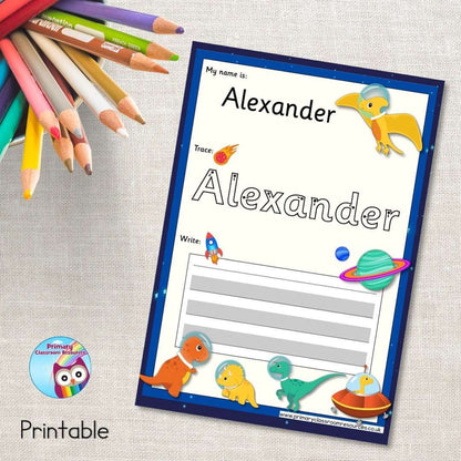 EDITABLE Name Writing Cards - Dinosaurs in Space:Primary Classroom Resources