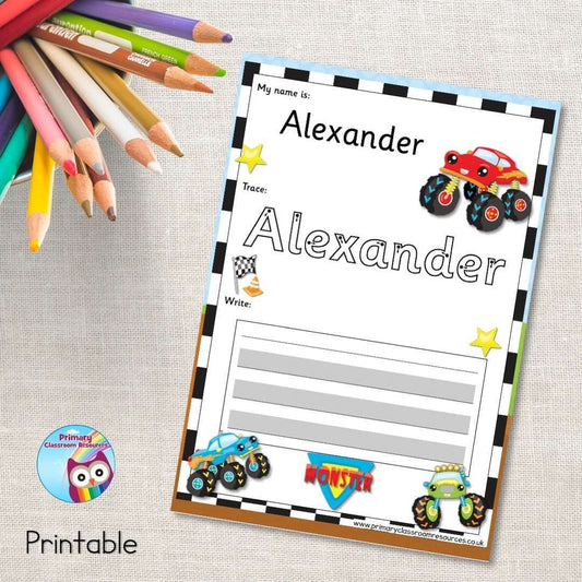 EDITABLE Name Writing Cards - Monster Trucks:Primary Classroom Resources
