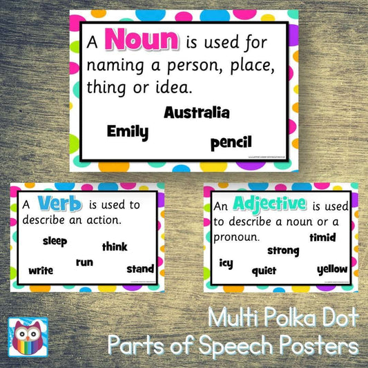 Multi Polka Dot Parts of Speech Posters:Primary Classroom Resources