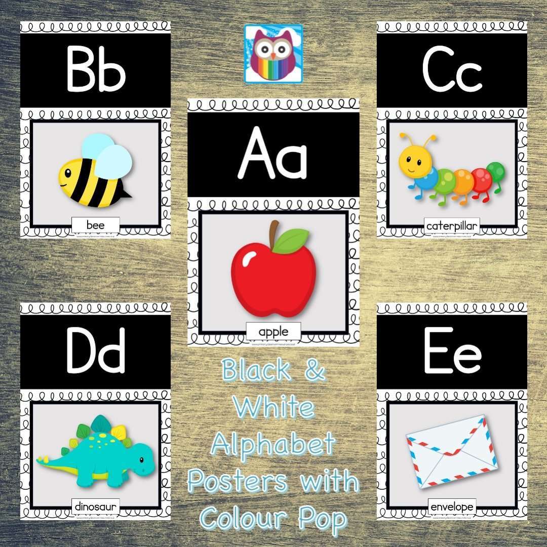Black and White Alphabet Posters with Colour Pop:Primary Classroom Resources