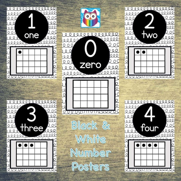Loopy Doodles Black and White Number Posters Primary Classroom