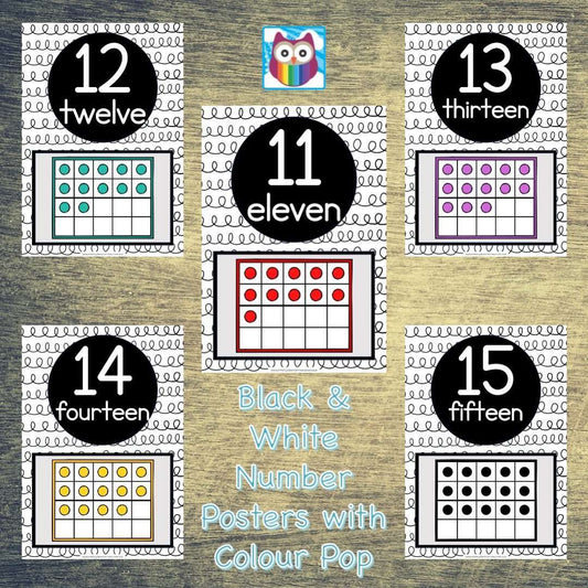 Black and White Number Posters with Colour Pop:Primary Classroom Resources