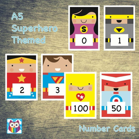 A5 Superhero Number Cards 0-20, 10s to 100, 100s to 1000:Primary Classroom Resources