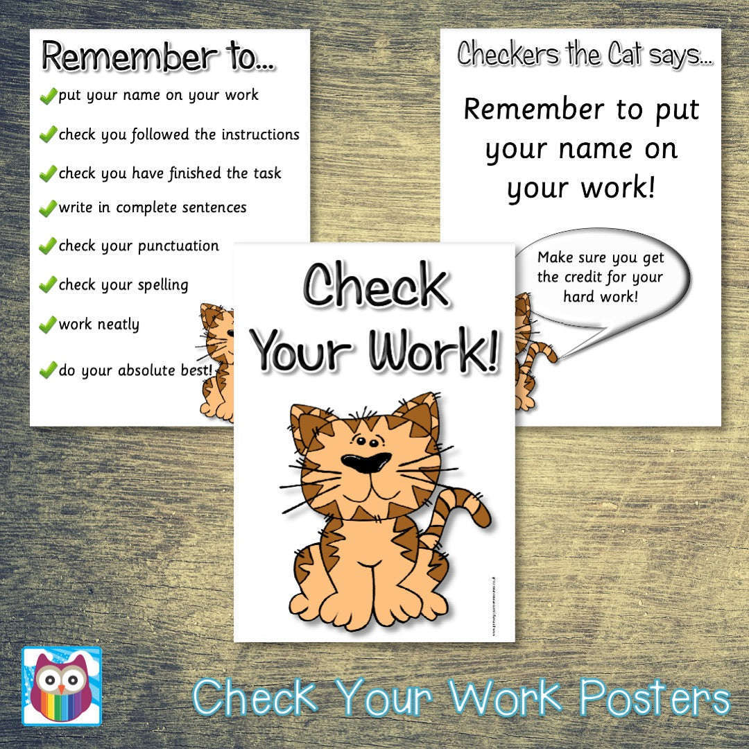 Checkers the Cat says Check Your Work!  Poster Pack:Primary Classroom Resources