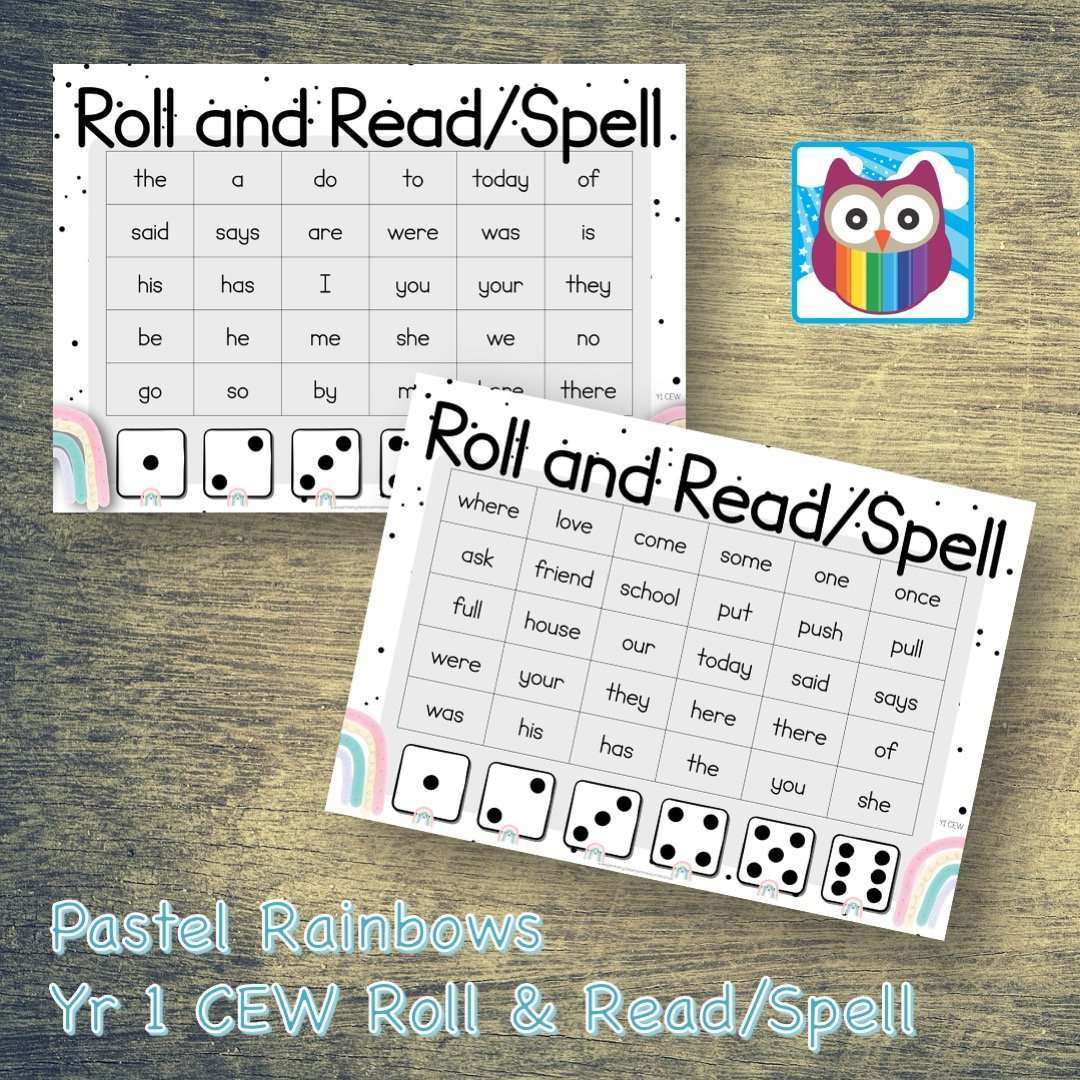 Pastel Rainbows - Roll and Read/Spell - Year 1 Common Exception Words:Primary Classroom Resources