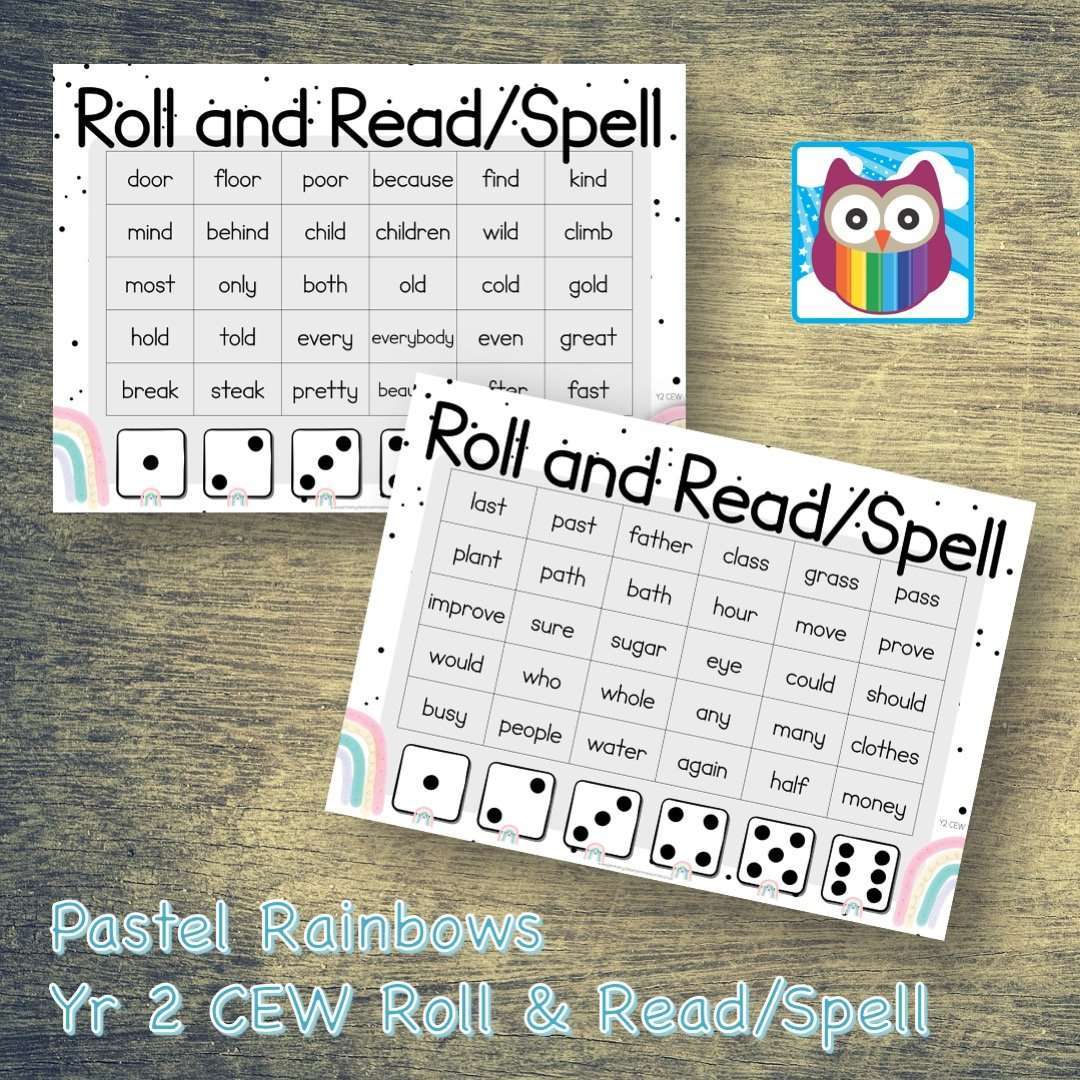 Pastel Rainbows - Roll and Read/Spell - Year 2 Common Exception Words:Primary Classroom Resources