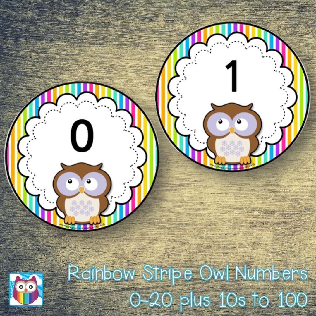 Rainbow Stripe Owl Numbers 0-20 plus 10s to 100:Primary Classroom Resources