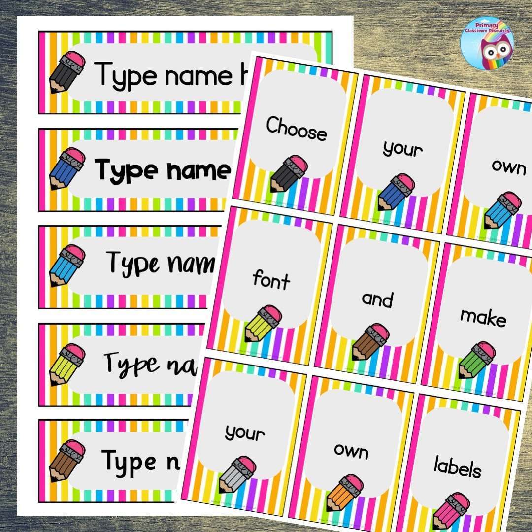 EDITABLE Name Tray & Coat Peg Labels - Rainbow Stripe Pencils:Primary Classroom Resources