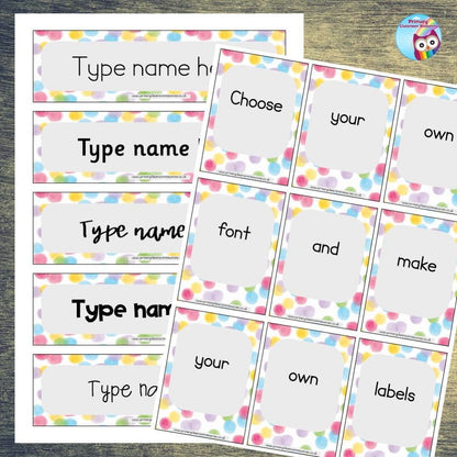 EDITABLE Name Tray & Coat Peg Labels Bundle:Primary Classroom Resources,Digital download / Rainbow Watercolour Polka Dots
