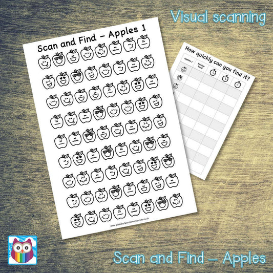 Scan and Find - Apples - Visual Scanning Activity:Primary Classroom Resources