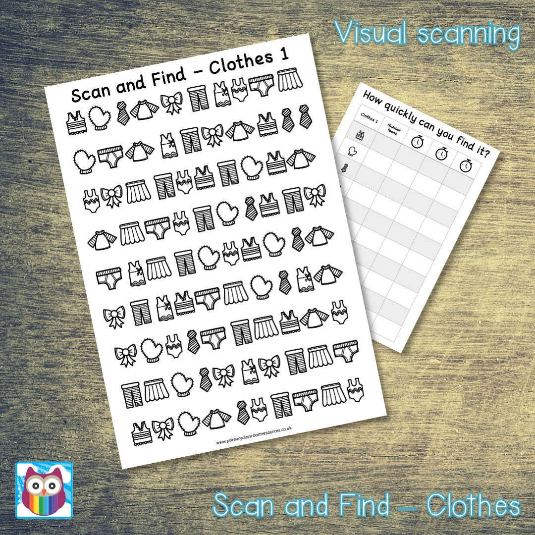 Scan and Find - Clothes - Visual Scanning Activity:Primary Classroom Resources