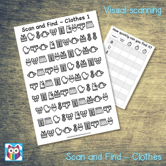 Scan and Find - Clothes - Visual Scanning Activity:Primary Classroom Resources