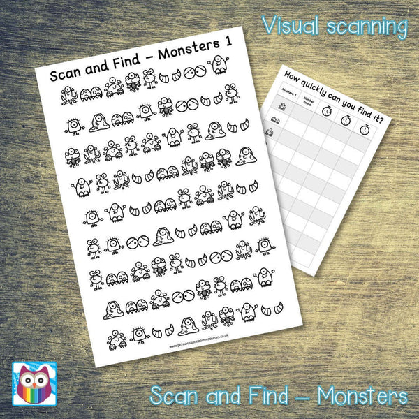 Scan and Find Monsters Visual Scanning Activity Primary Classroom Resources