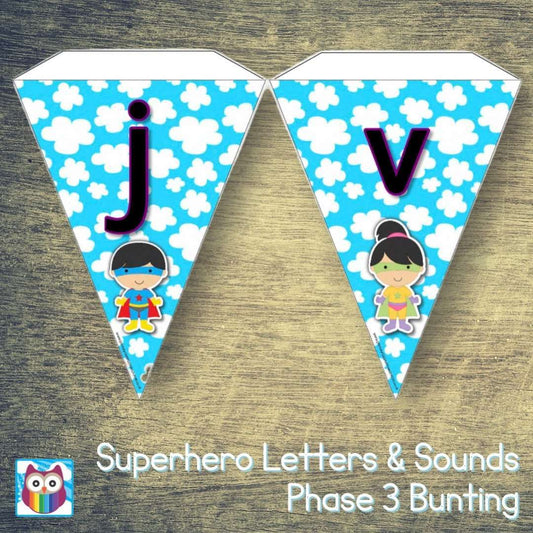 Superhero Letters and Sounds Phase 3 Bunting:Primary Classroom Resources