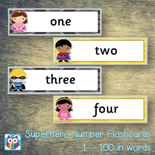 Number Flashcards 1-100 in words - Superhero Theme:Primary Classroom Resources