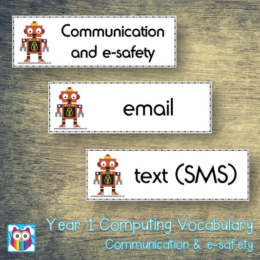 Computing Year 1 Vocabulary - Communication and e-safety:Primary Classroom Resources