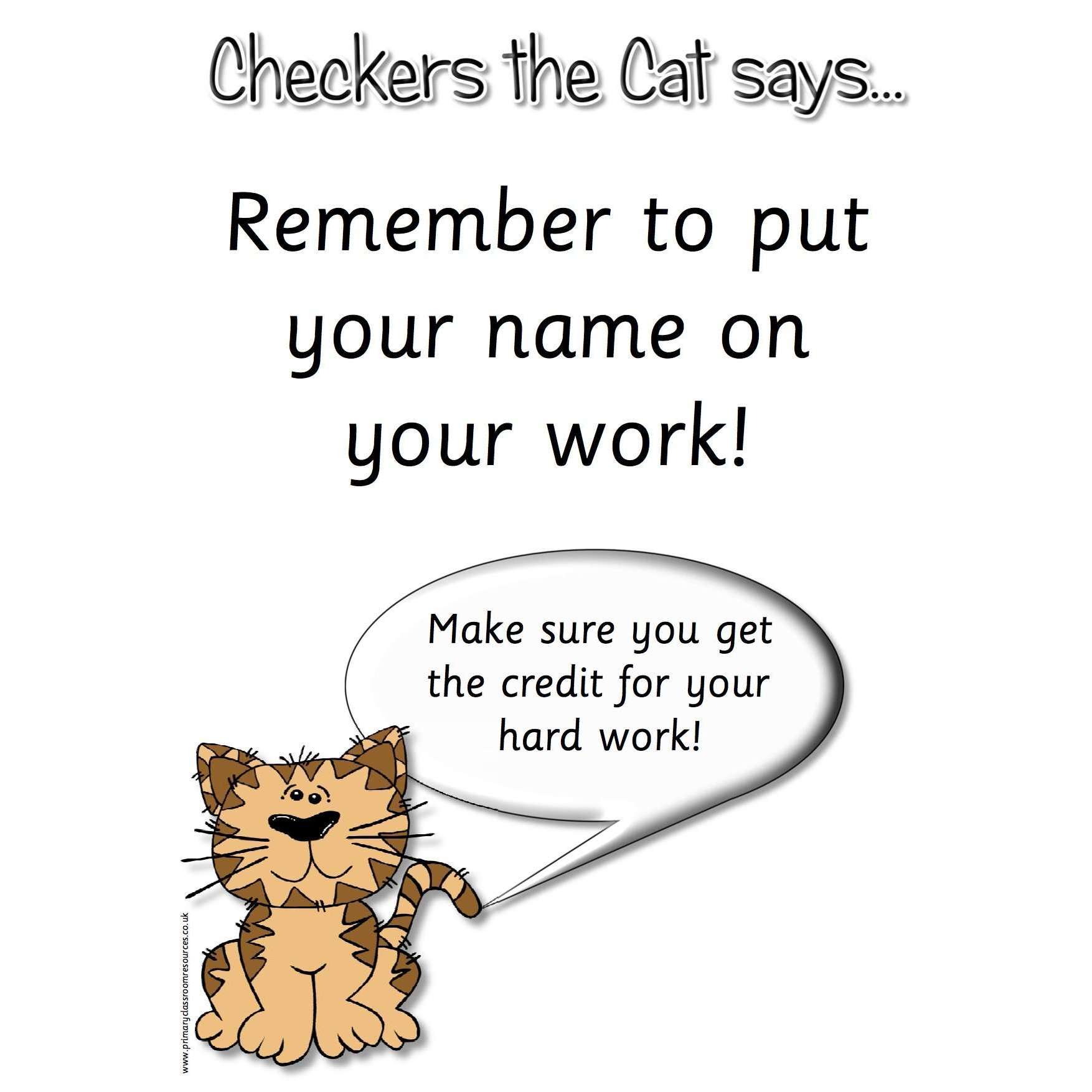 Checkers the Cat says Check Your Work!:Primary Classroom Resources