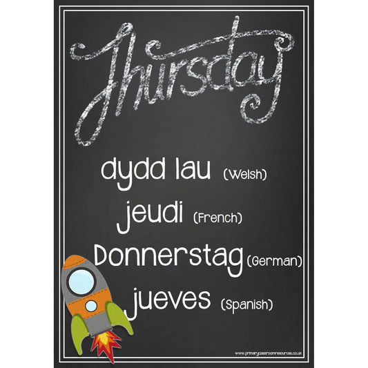 Days of the Week Rocket Blackboards - Welsh, French, German, Spanish:Primary Classroom Resources