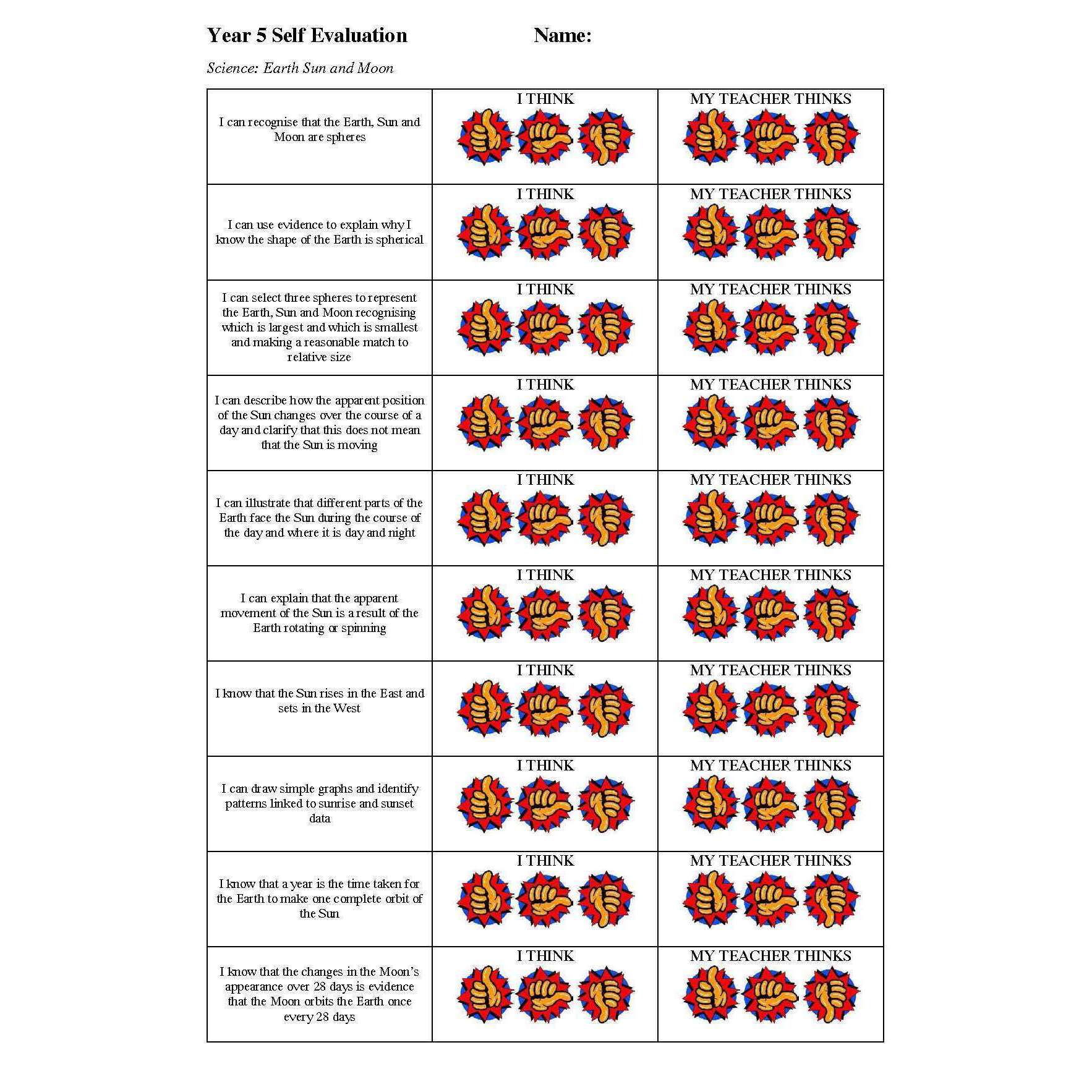 Earth Sun and Moon Self Evaluation – Primary Classroom Resources