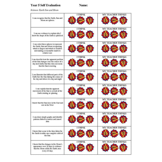 Earth Sun and Moon Self Evaluation:Primary Classroom Resources